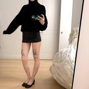 Black turtleneck knit sweater trying
